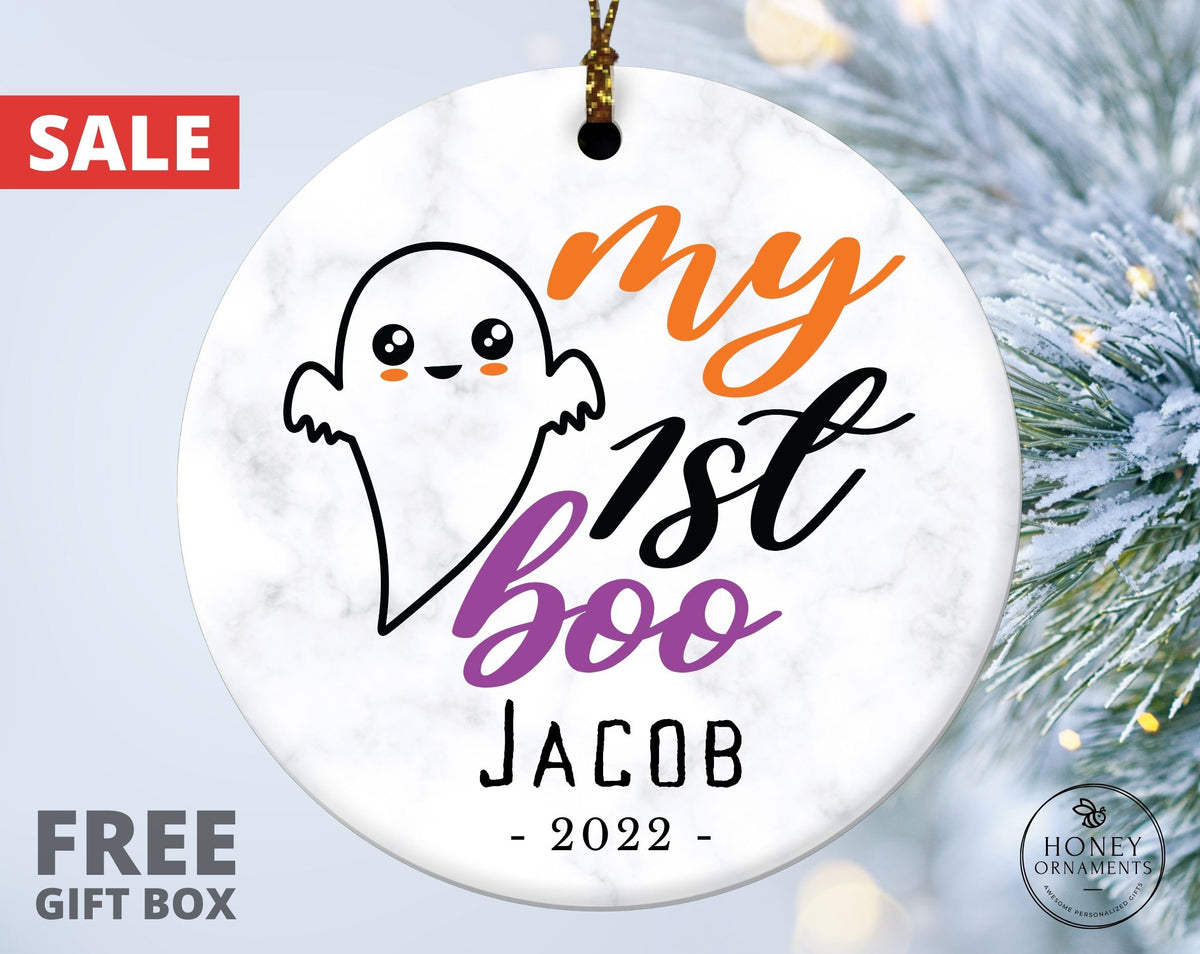 Baby 1st Halloween, Personalized Ceramic Ornament | Round 3 Inch, Glossy Finish | Ribbon Hanger