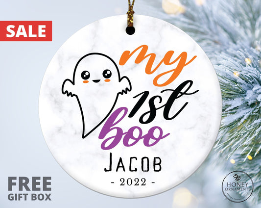 Baby 1st Halloween, Personalized Ceramic Ornament | Round 3 Inch, Glossy Finish | Ribbon Hanger
