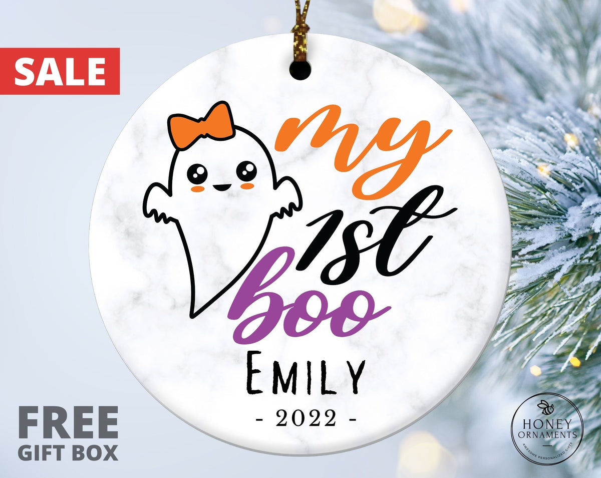 Baby 1st Halloween, Personalized Ceramic Ornament | Round 3 Inch, Glossy Finish | Ribbon Hanger