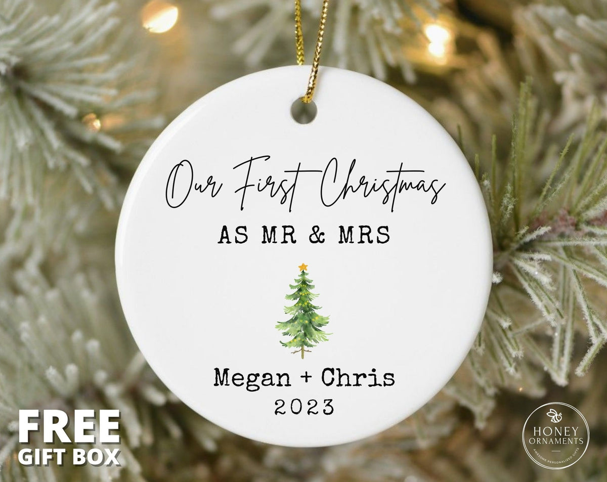 Personalized Our First Christmas as Mr & Mrs Ornament, Wedding Gift, Newlywed Keepsake, First Christmas Married, Custom Ceramic Ornament