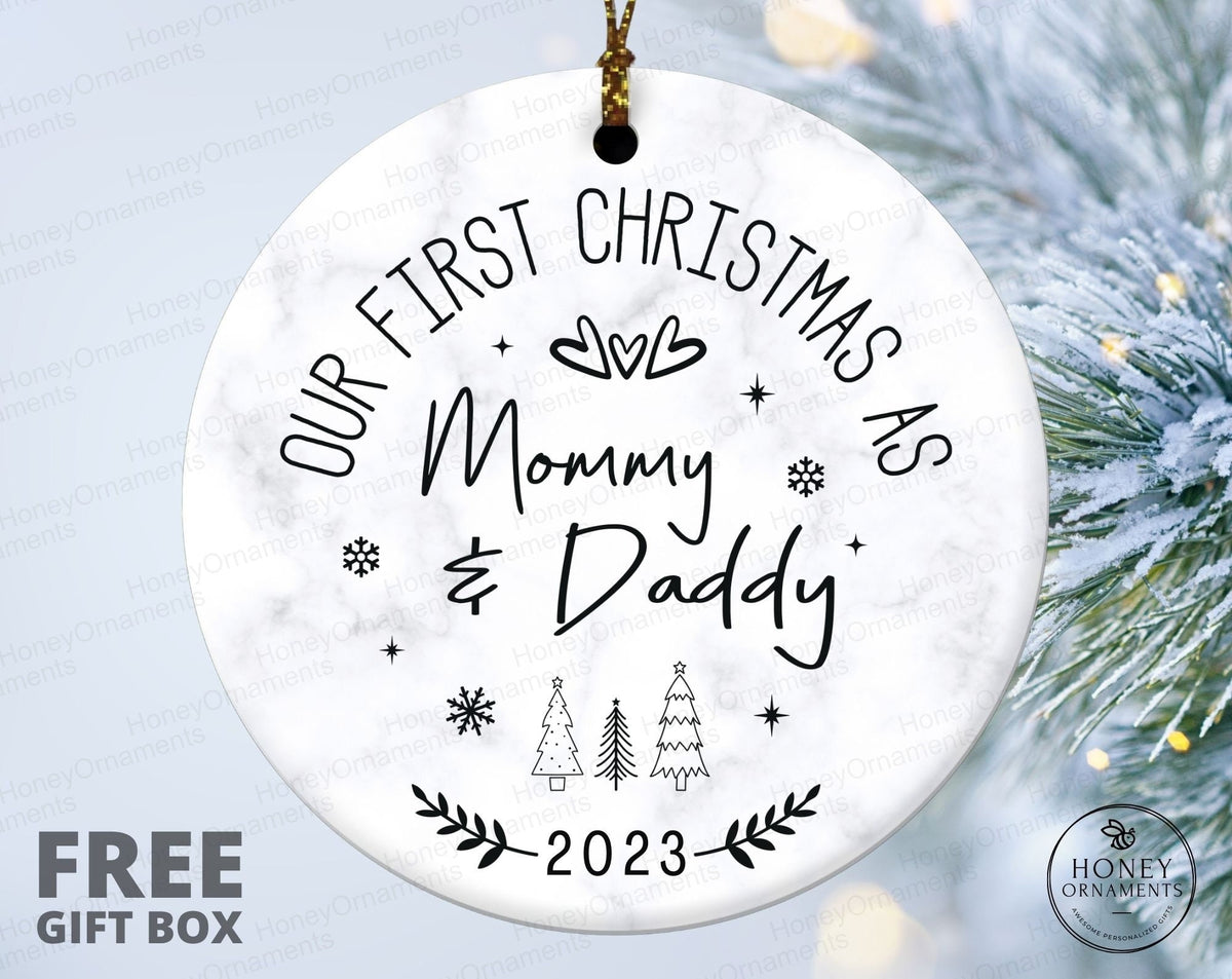 Baby Announcement Gift, New Parents Ornament, New Parents Expecting Parents Gift, Our First Christmas as Mommy and Daddy, New Parents Gift
