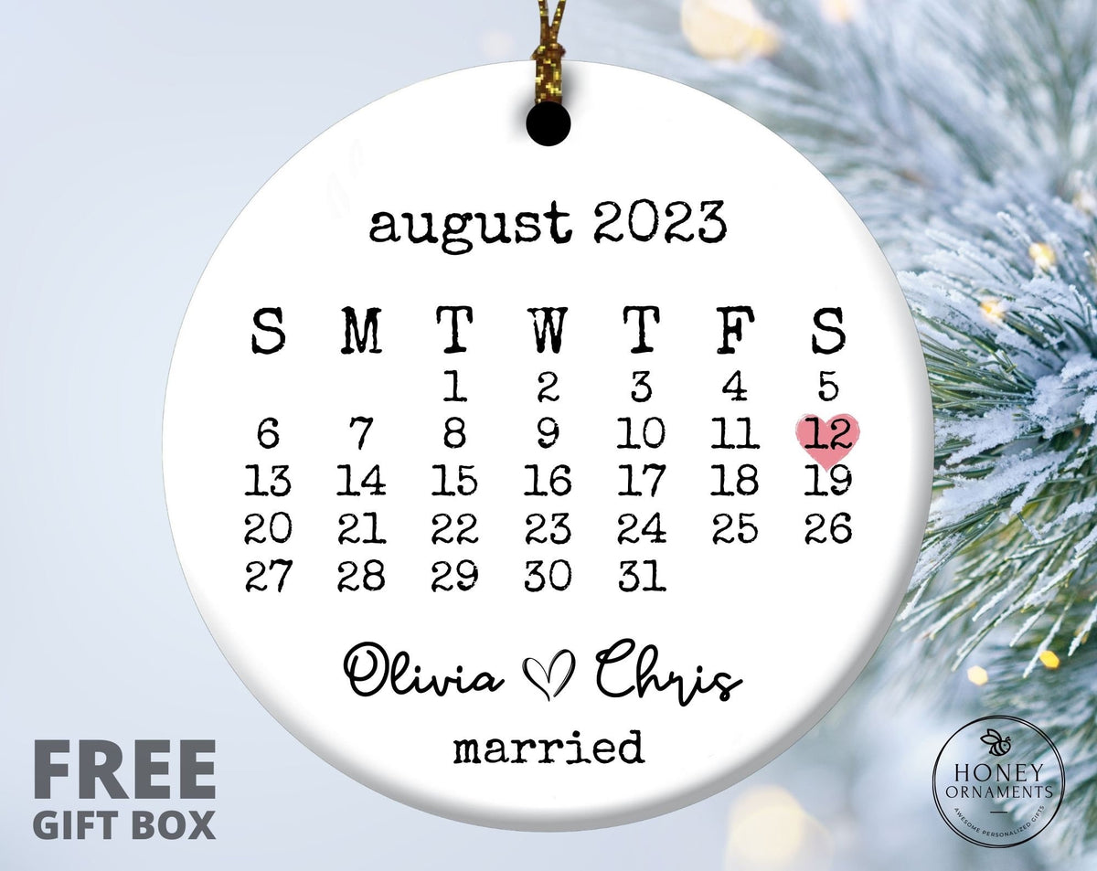 Personalized Calendar Ornament, Anniversary Gift, First Christmas Married
