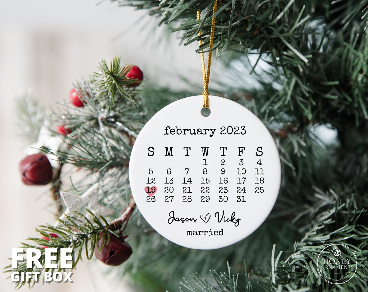 Personalized Calendar Ornament, Anniversary Gift, First Christmas Married