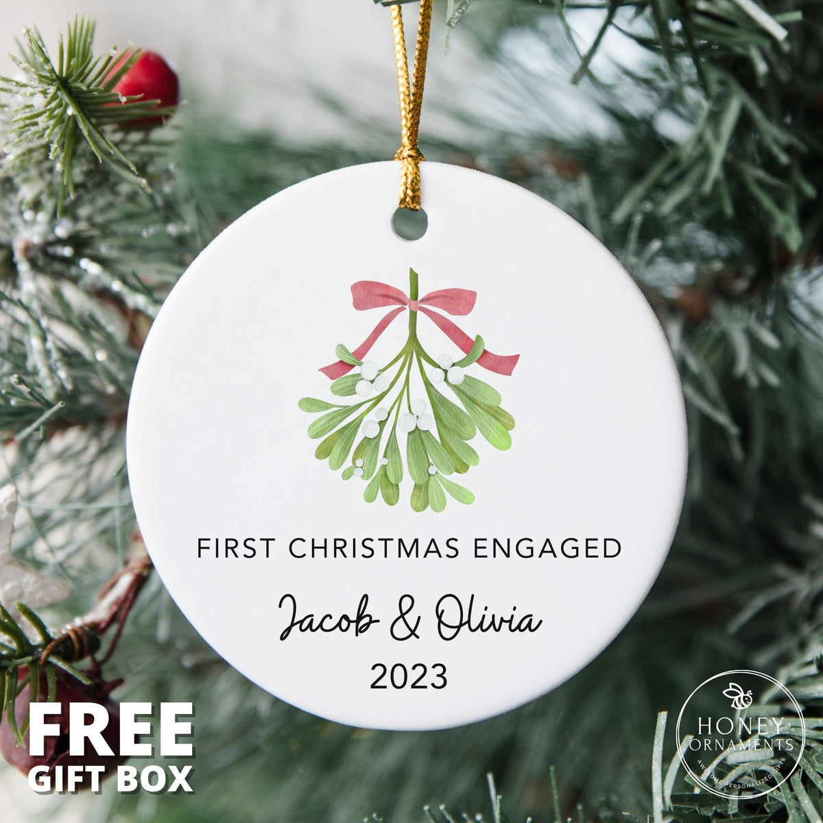 Personalized First Christmas Engaged - Christmas Engagement Names Ornament 2026 - Custom Mistletoe Ornament - Newly Engaged Gift for Couple