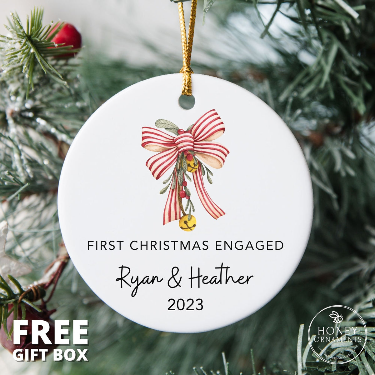 First Christmas Engaged - Personalized Christmas Engagement Names Ornament 2026 - Custom Mistletoe Ornament - Newly Engaged Gift for Couple