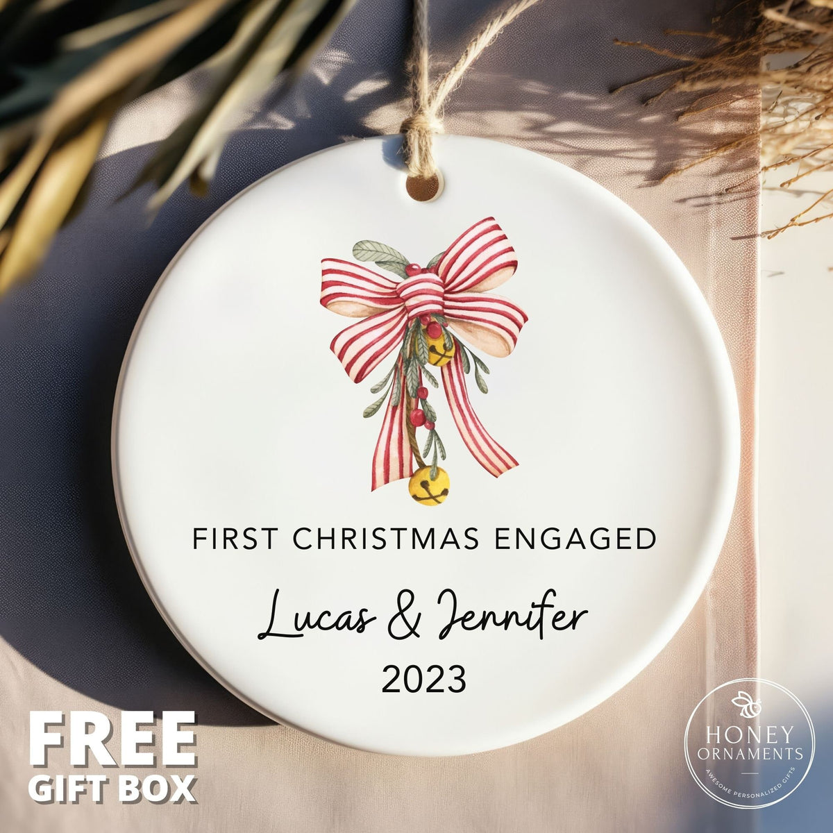 First Christmas Engaged - Personalized Christmas Engagement Names Ornament 2026 - Custom Mistletoe Ornament - Newly Engaged Gift for Couple