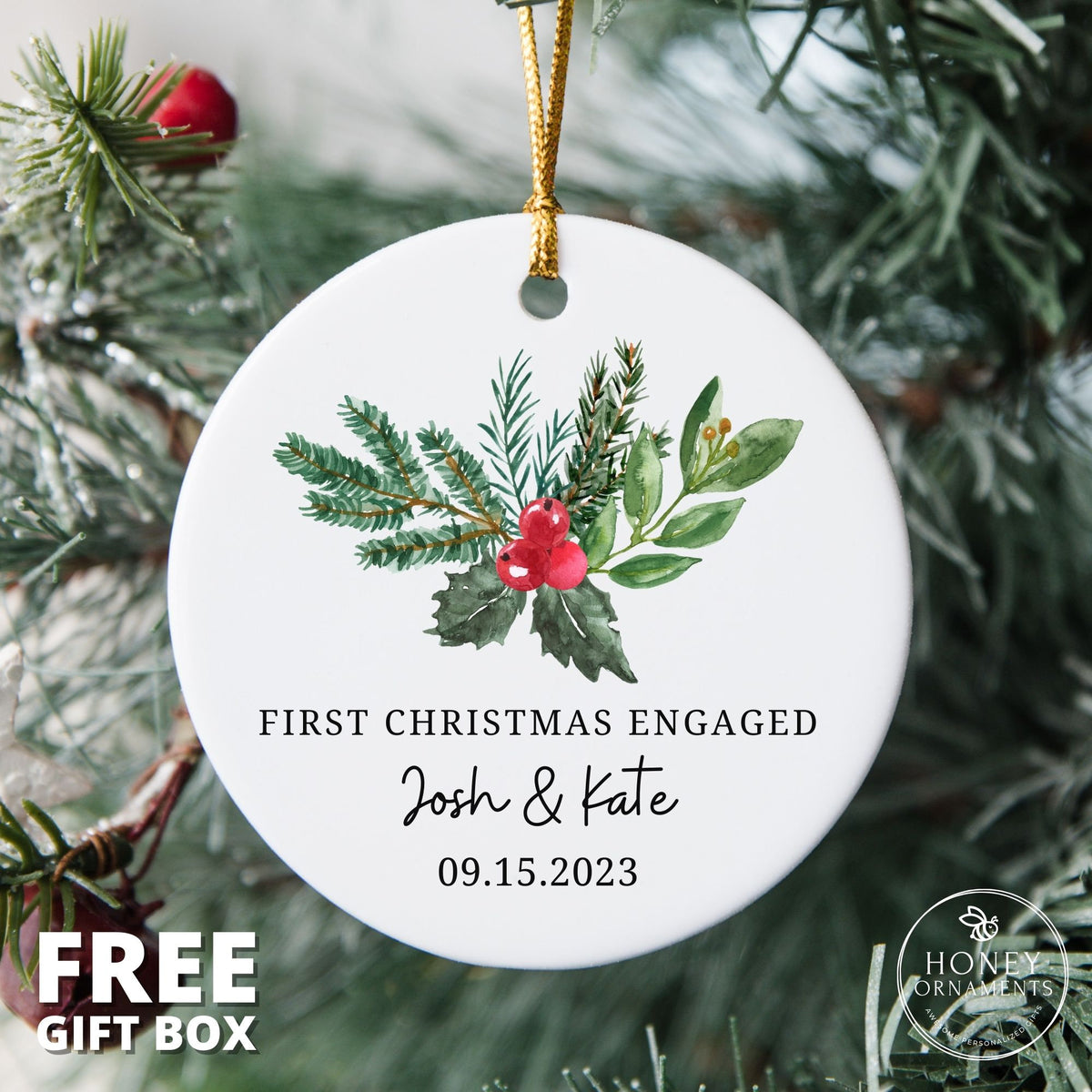Personalized Ceramic Christmas Ornament – Engaged Couple Names, Mistletoe Design (2026)