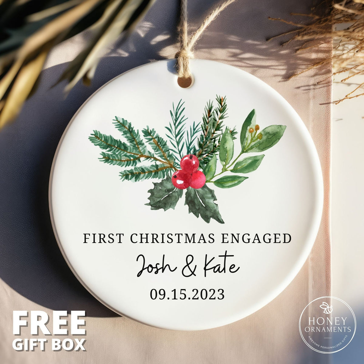 Personalized Ceramic Christmas Ornament – Engaged Couple Names, Mistletoe Design (2026)