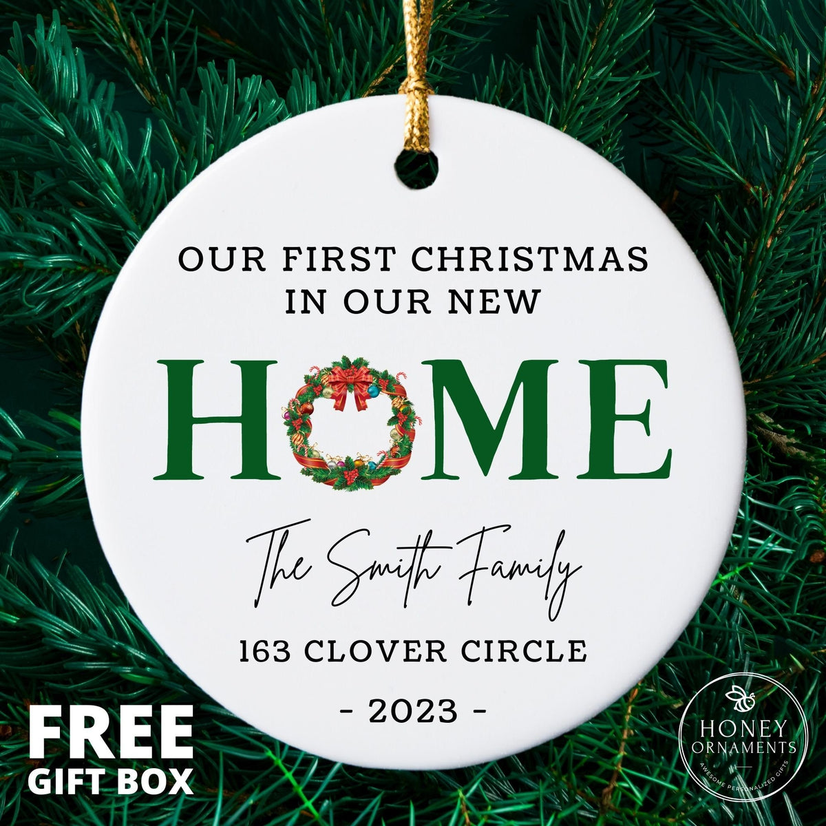 Personalized New Home Ornament – Wreath Christmas Keepsake
