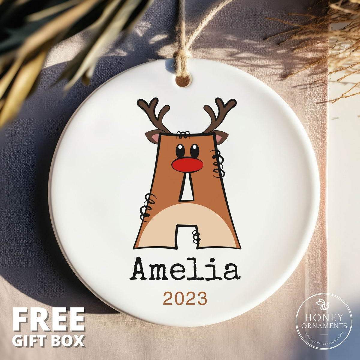 Personalized Ceramic Deer Ornament, Custom Family Name Keepsake, Monogram Christmas Gift (2026)