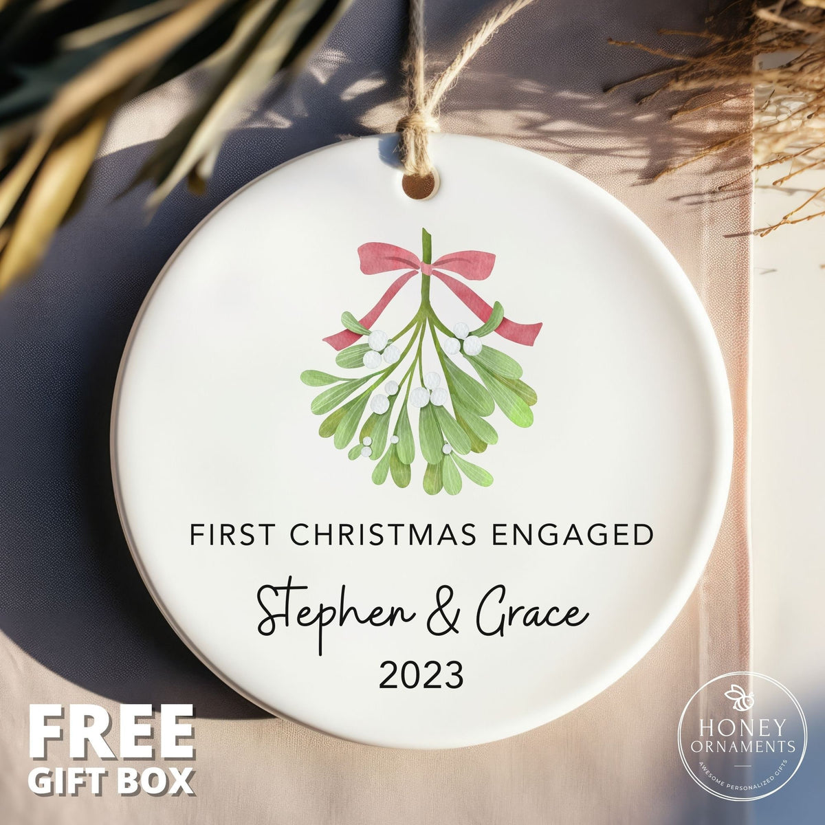 Personalized First Christmas Engaged - Christmas Engagement Names Ornament 2026 - Custom Mistletoe Ornament - Newly Engaged Gift for Couple