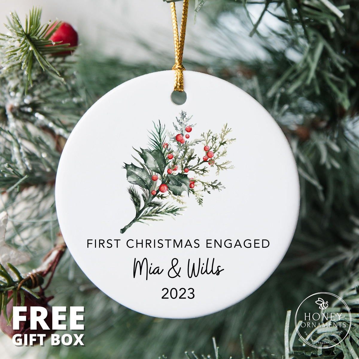 Engaged Ornament - Personalized First Christmas Engaged -  Engagement Names Ornament 2026 - Custom Mistletoe Ornament - Newly Engaged Gift