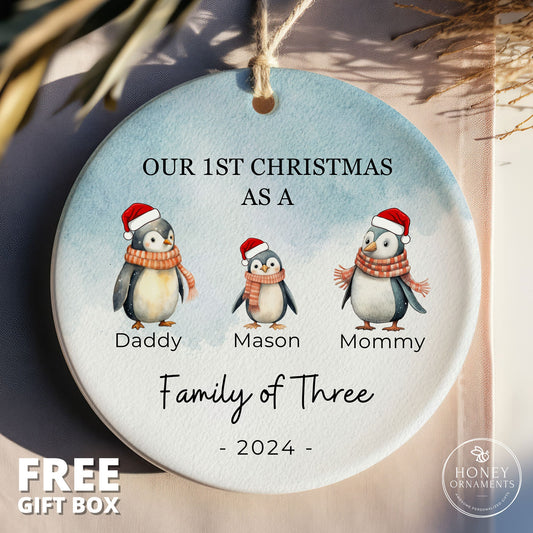 Family of Three Ornament, Personalized New Baby Ornament, Family of 3 Ornament, Baby Name Ornament, Baby First Gift, Penguin Family Ornament