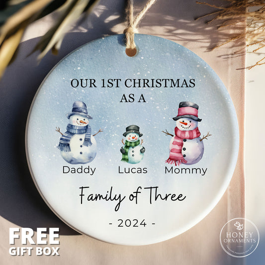 Family of Three Ornament, Family of 3 Ornament, Baby Name Ornament, Baby First Gift, Snowman Family Ornament, Personalized New Baby Ornament