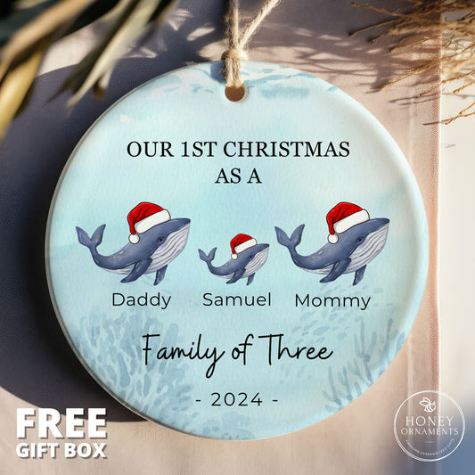 Our 1st Christmas As a Family of Three Christmas Ornament Whale Family Ornament Personalized New Parents Gift New Baby Holiday Keepsake