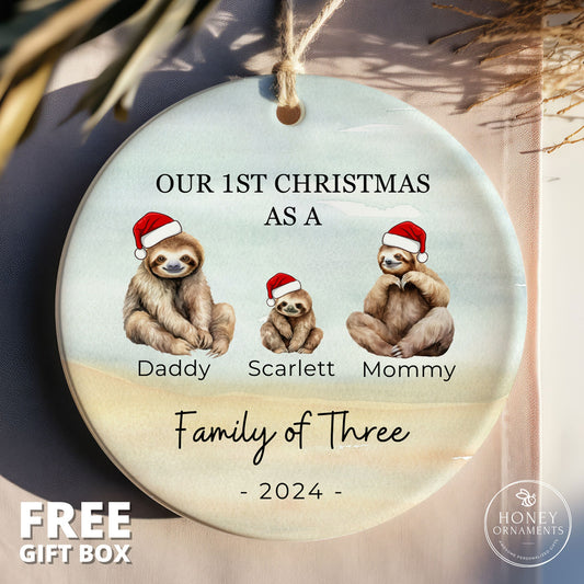 Family of 3 Ornament, New Baby Gift, Baby First Christmas Ornament, Family of Three Gift, Sloth Family of Three Christmas Ornament, Custom