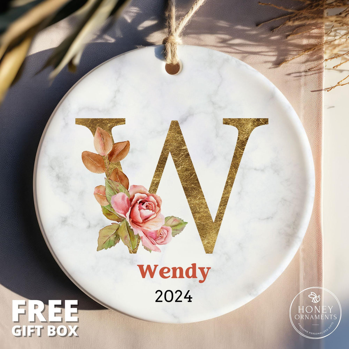 Personalized Family Name Ornament Monogram Christmas Ornament Letter Name Ornament Custom Initial Ornament Boho Roses Alphabet Keepsake