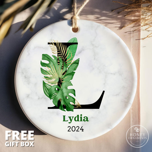 Custom Initial Ornament Personalized Family Name Ornament Monogram Christmas Ornament Letter Name Ornament Green Tropical Alphabet Keepsake