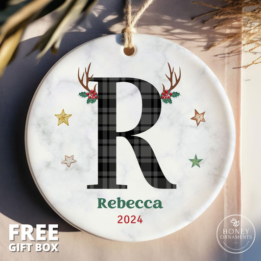 Personalized Family Name Ornament Monogram Christmas Ornament Custom Initial Ornament Letter Name Ornament Reindeer Antler Alphabet Keepsake