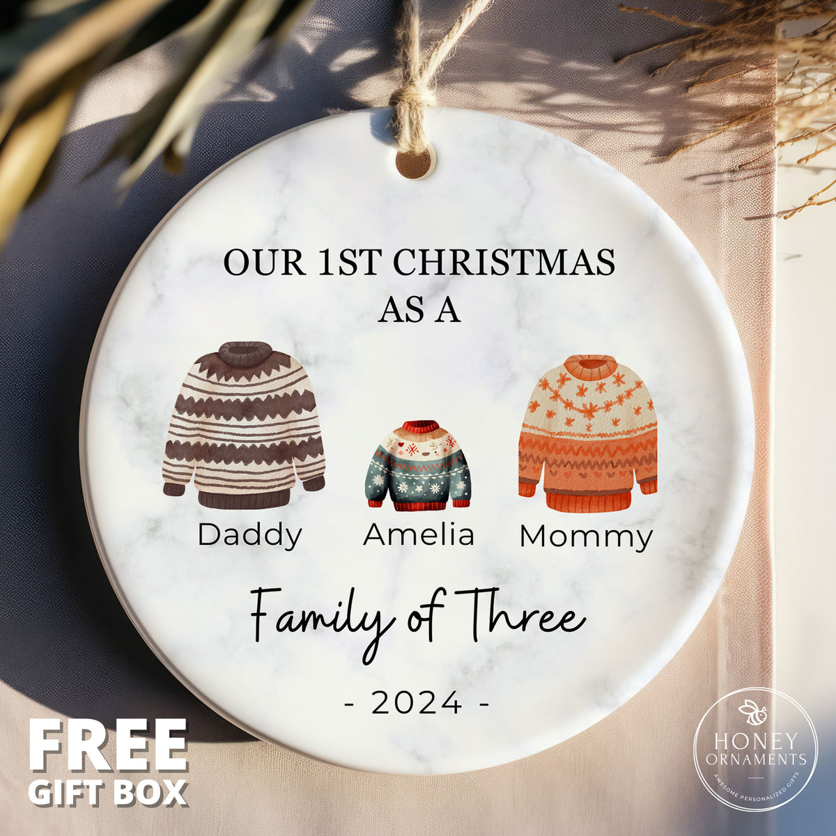 Family of 3 Ornament, New Baby Ornament, Family of Three Ornament, New Parents Gift, Newborn Ornament, Baby Keepsake, Baby First Xmas Gift
