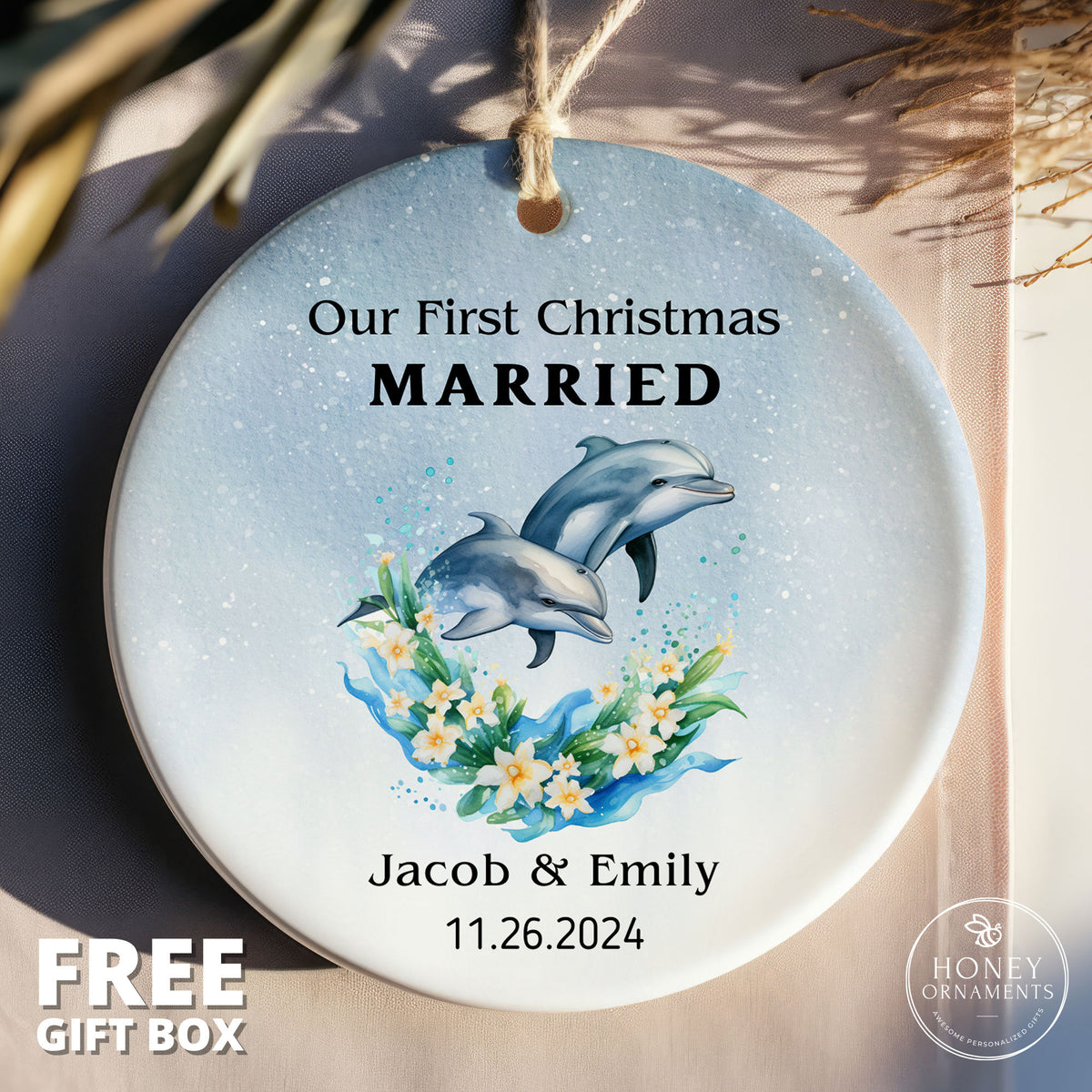 First Christmas Married Ornament, Mr and Mrs Christmas Ornament, Our First Christmas Married as Mr and Mrs Ornament, Personalized, Dolphins