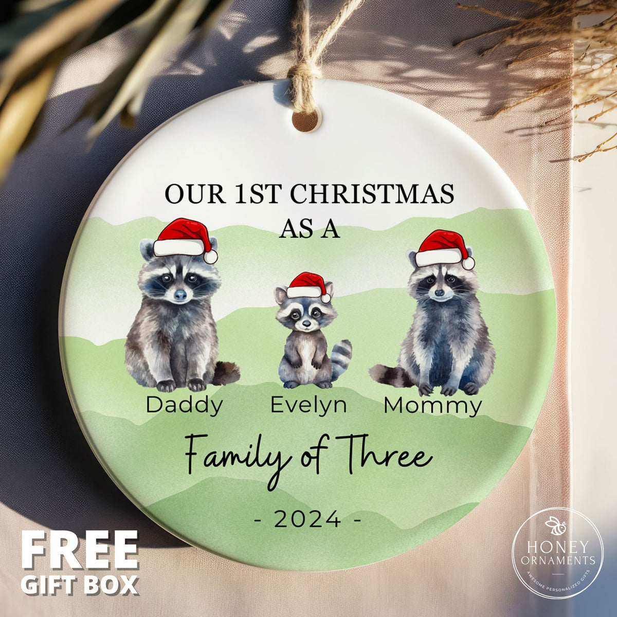 Our 1st Christmas As a Family of Three Christmas Ornament Raccoon Family Ornament Personalized New Parents Gift Holiday Keepsake New Baby