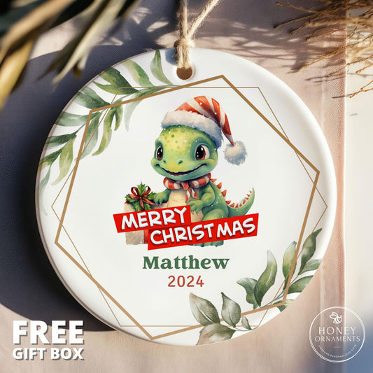 Dinosaur with Santa Hat Personalized Ornament, Baby's First Christmas Ornament, New Baby Boy Ornament, Baby Name Keepsake, New Baby Boy Gift