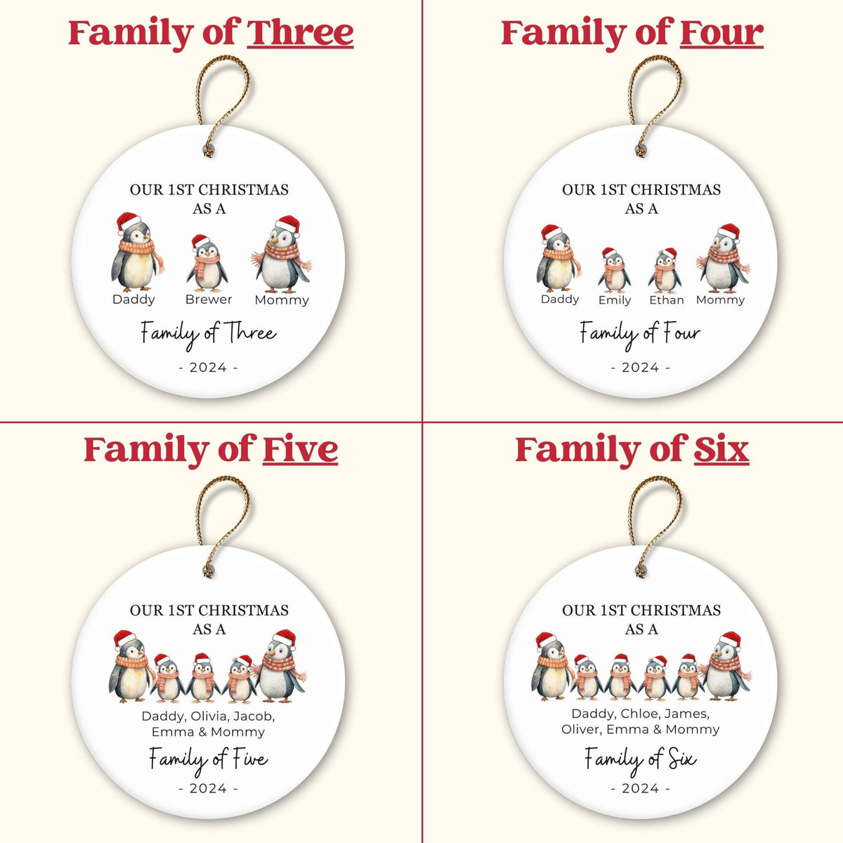 Family of Four Christmas Ornament, Family of 4, Personalized New Baby's First Christmas Ornament, First Christmas Ornament, Penguin Family