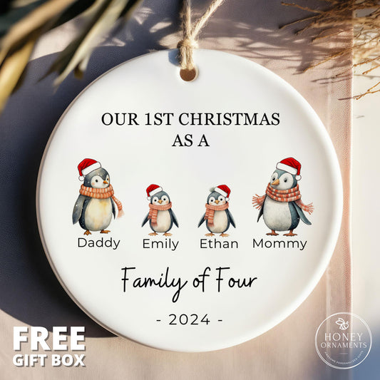 Family of Four Christmas Ornament, Family of 4, Personalized New Baby's First Christmas Ornament, First Christmas Ornament, Penguin Family