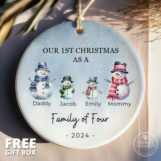 Family of Four Christmas Ornament, Personalized New Baby's First Christmas Ornament, Family of 4, First Christmas Ornament, Snowman Family