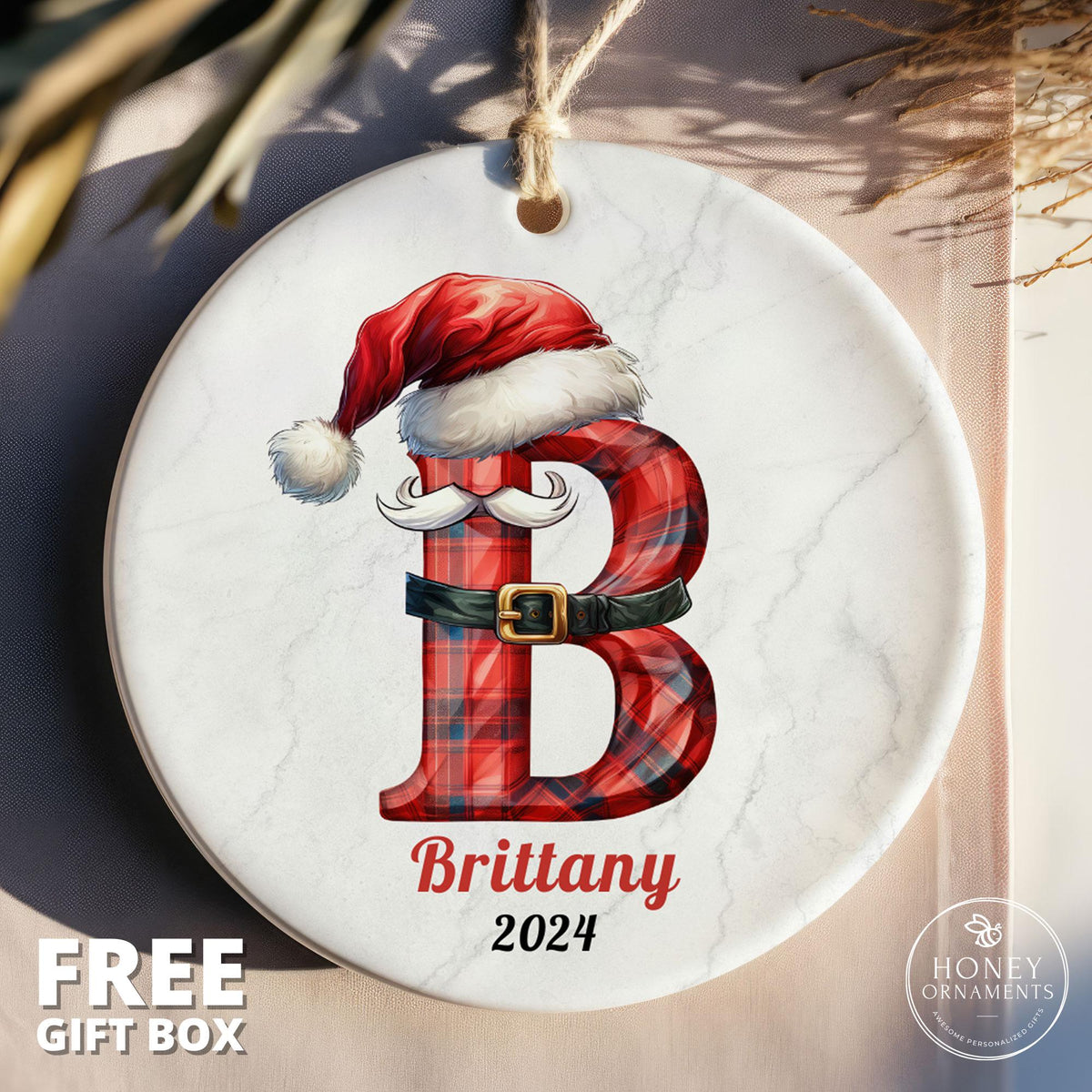 Letter Name Ornament, 2026 Family Ornament, Custom Initial Ornament, Personalized Christmas Gift, Santa Hat Monogram Ornament Alphabet