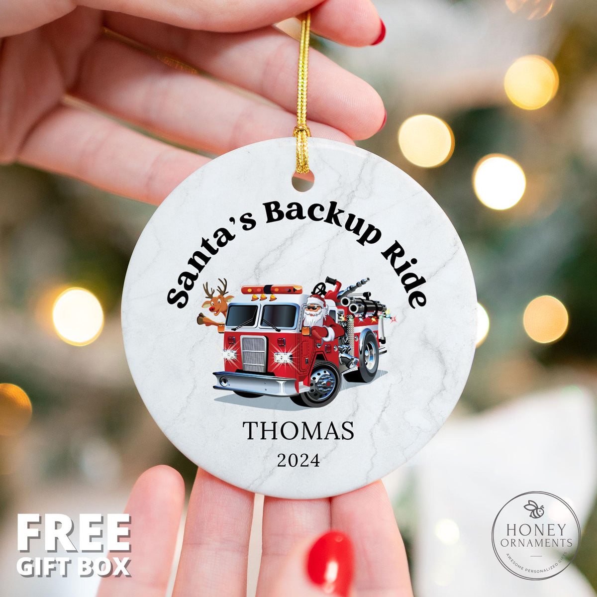 Firefighter Ornament, Firetruck Ornament, Fireman Ornament, Fire Truck Ornament, Fire Fighter Gift, Firefighter Gifts, Santa's Backup Ride