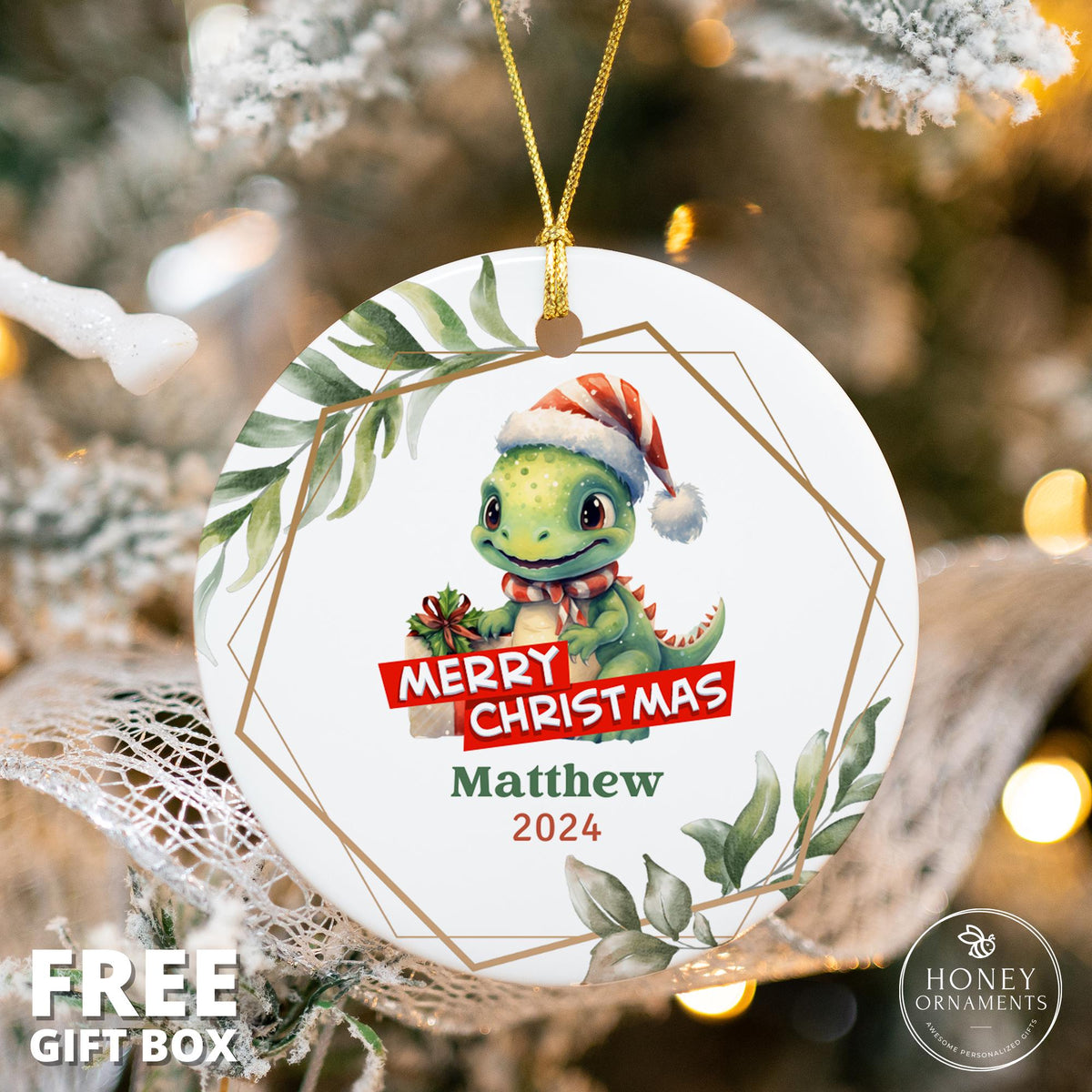 Dinosaur with Santa Hat Personalized Ornament - photo 6