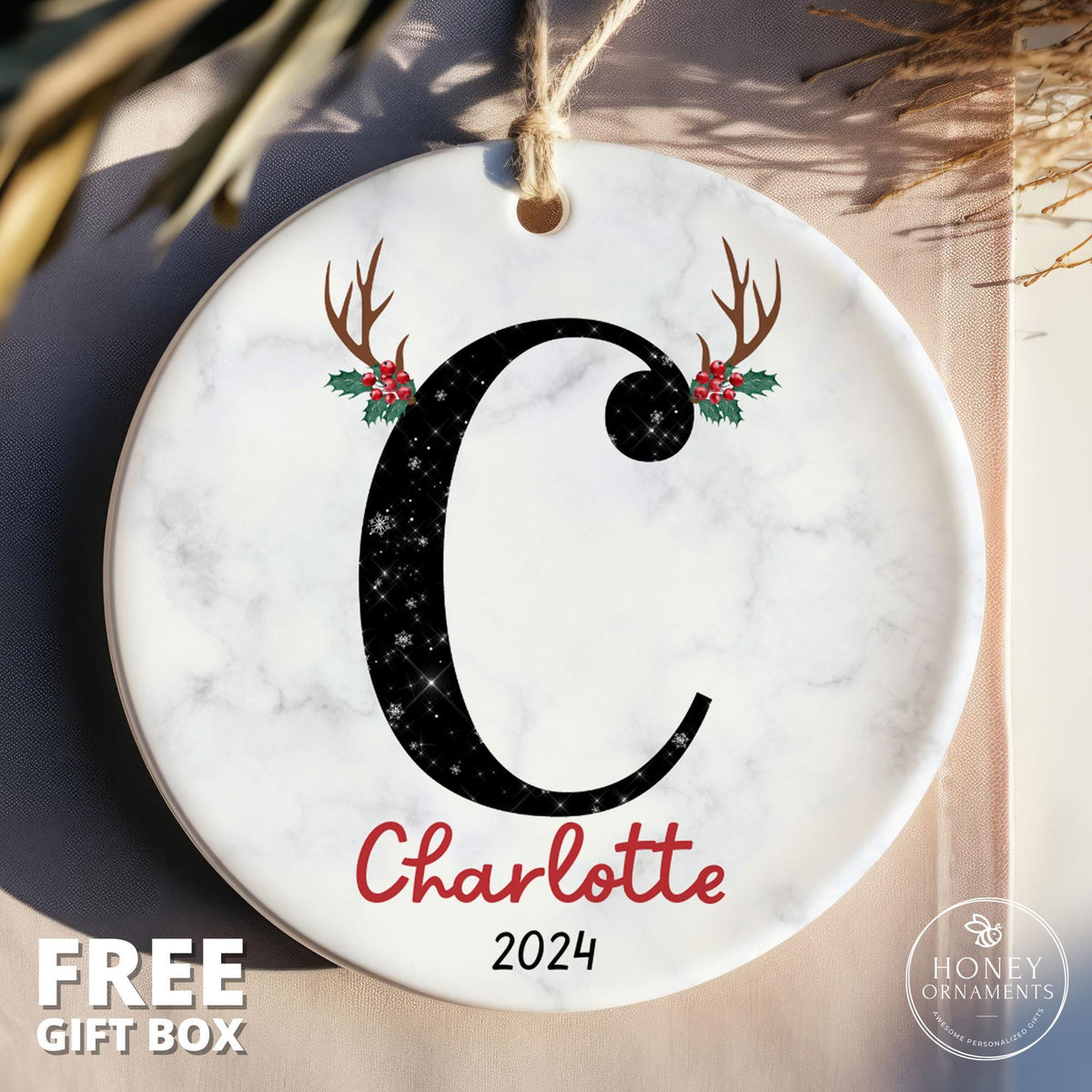 Personalized Family Ornament, 2026 Custom Alphabet Ornament, Christmas Deer Antlers Gift, Monogram Initial Ornament, Christmas Tree Ornament