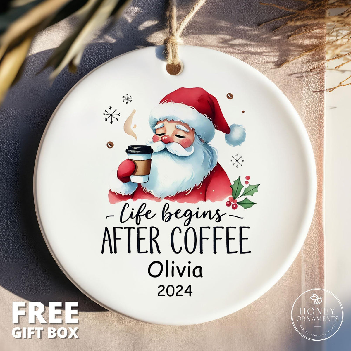 Life Begins After Coffee Ornament, Funny Coffee Gift, Ceramic Holiday Decor
