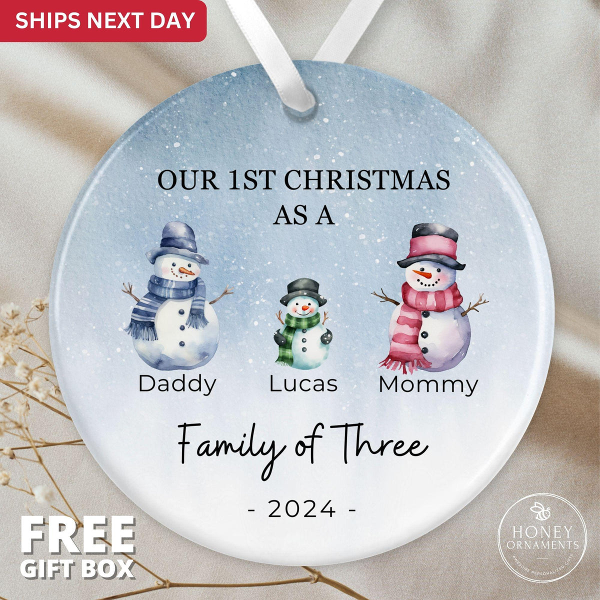 Family of Four Christmas Ornament, Personalized New Baby's First Christmas Ornament, Family of 4, First Christmas Ornament, Snowman Family