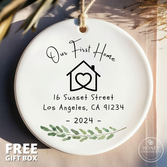 Personalized First Home Ceramic Ornament – Custom Address, 2026 Keepsake (Free Gift Box)