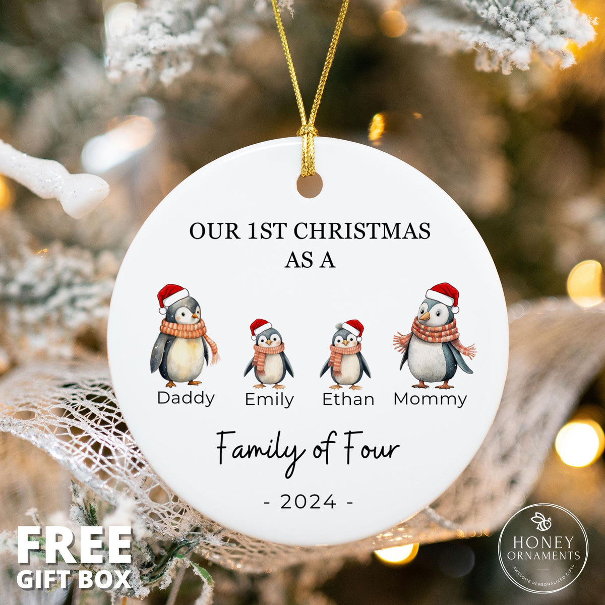 Family of Four Christmas Ornament, Family of 4, Personalized New Baby's First Christmas Ornament, First Christmas Ornament, Penguin Family