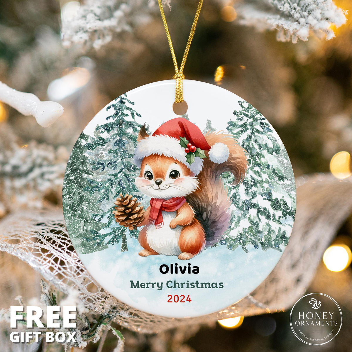 Baby's First Christmas Decor  | Squirrel with Santa Hat Custom Ornament for Kids & Baby | Personalized Christmas Ornament | Holiday Keepsake