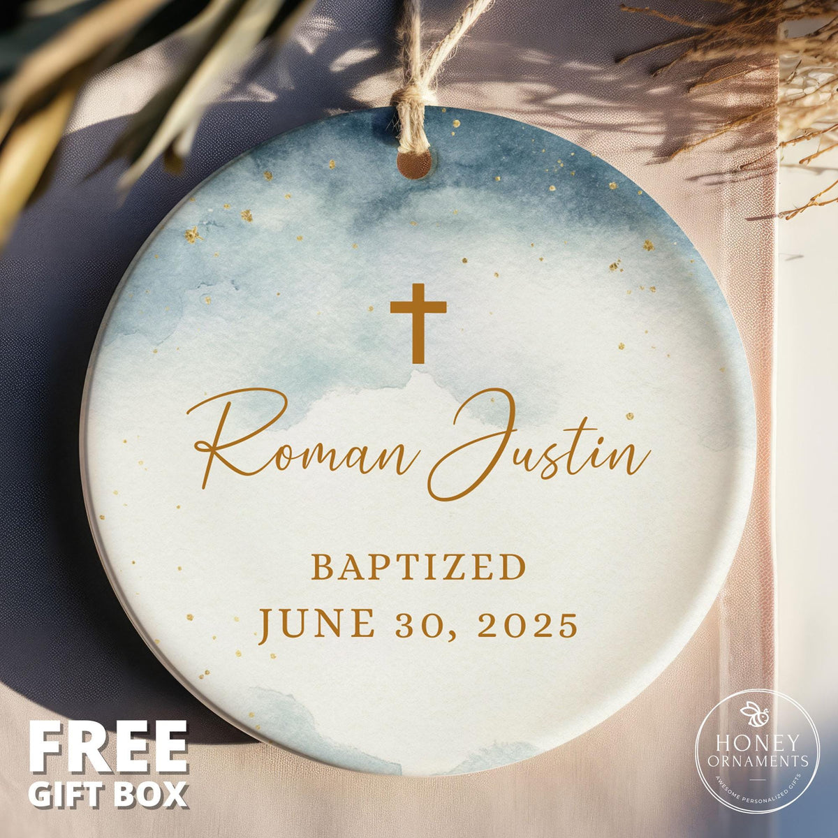 Boy Baptism Ornament, Personalized Porcelain Ornament, Custom Christening Gift for Boy, Godson Baptism Keepsake, Religious Baby Gift
