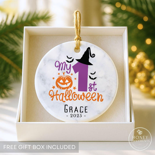 My First Halloween, Personalized Baby Ornament, Ceramic Pumpkin Keepsake, 3 Inch Round, Name, Year