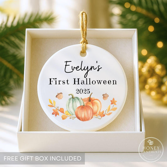 Baby First Halloween, Watercolor Pumpkin Ornament | Ceramic Keepsake | 3in Personalized Name, Year