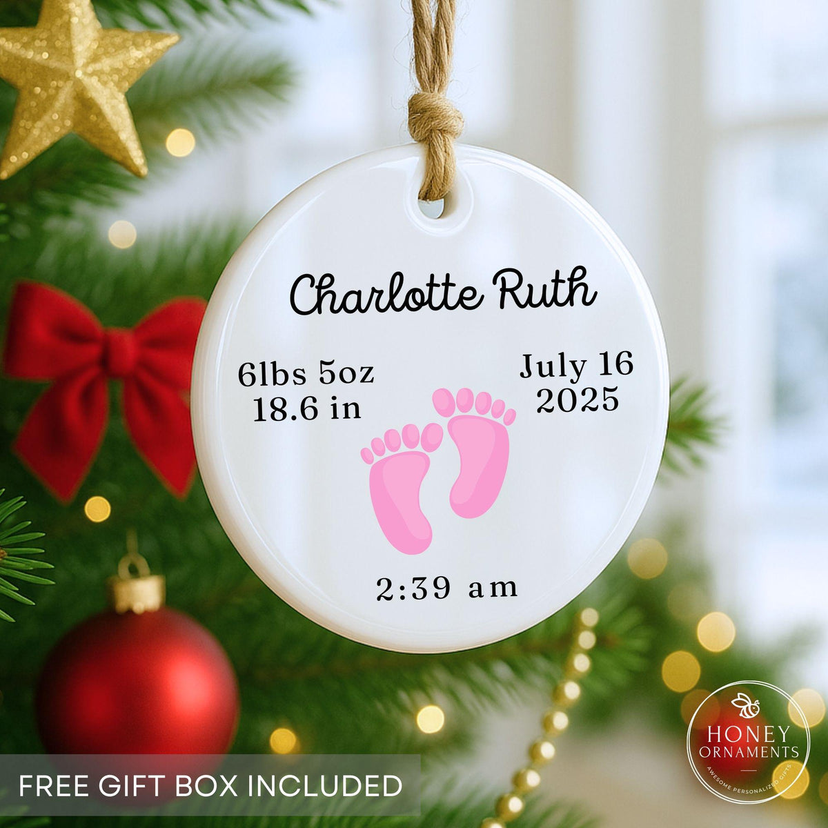 Personalized Baby Birth Stats Ornament, Custom Footprints Keepsake (Ceramic)