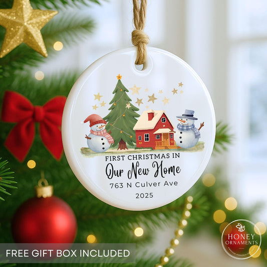 Personalized New Home Christmas Ornament 2026: House, Tree, Snowmen Keepsake (Ceramic)