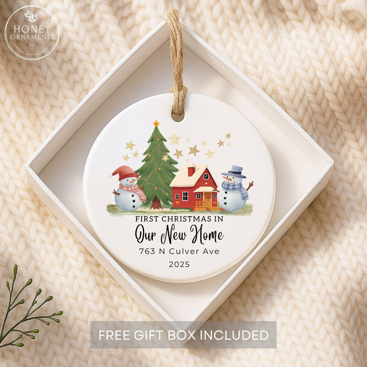 Personalized New Home Christmas Ornament 2026: House, Tree, Snowmen Keepsake (Ceramic)