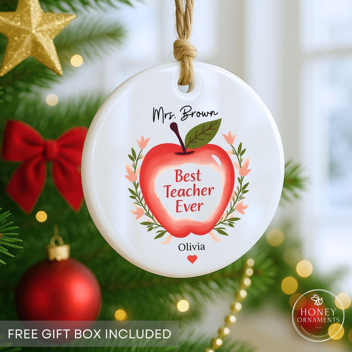 Best Teacher Ever Ornament Personalized Apple Gift Teacher Appreciation Christmas Gift Custom Teacher Name Ornament End of Year Thank You