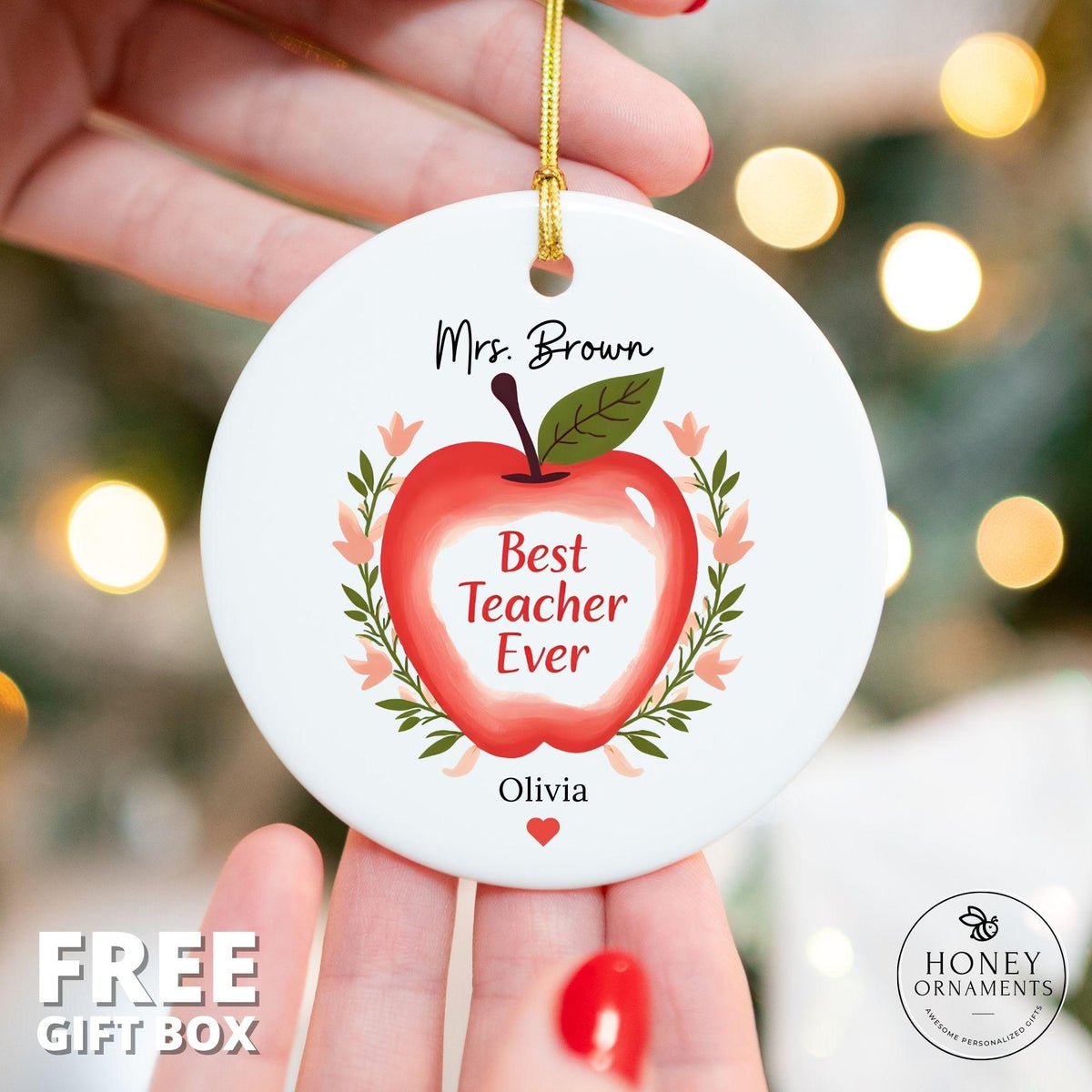 Best Teacher Ever Ornament Personalized Apple Gift Teacher Appreciation Christmas Gift Custom Teacher Name Ornament End of Year Thank You