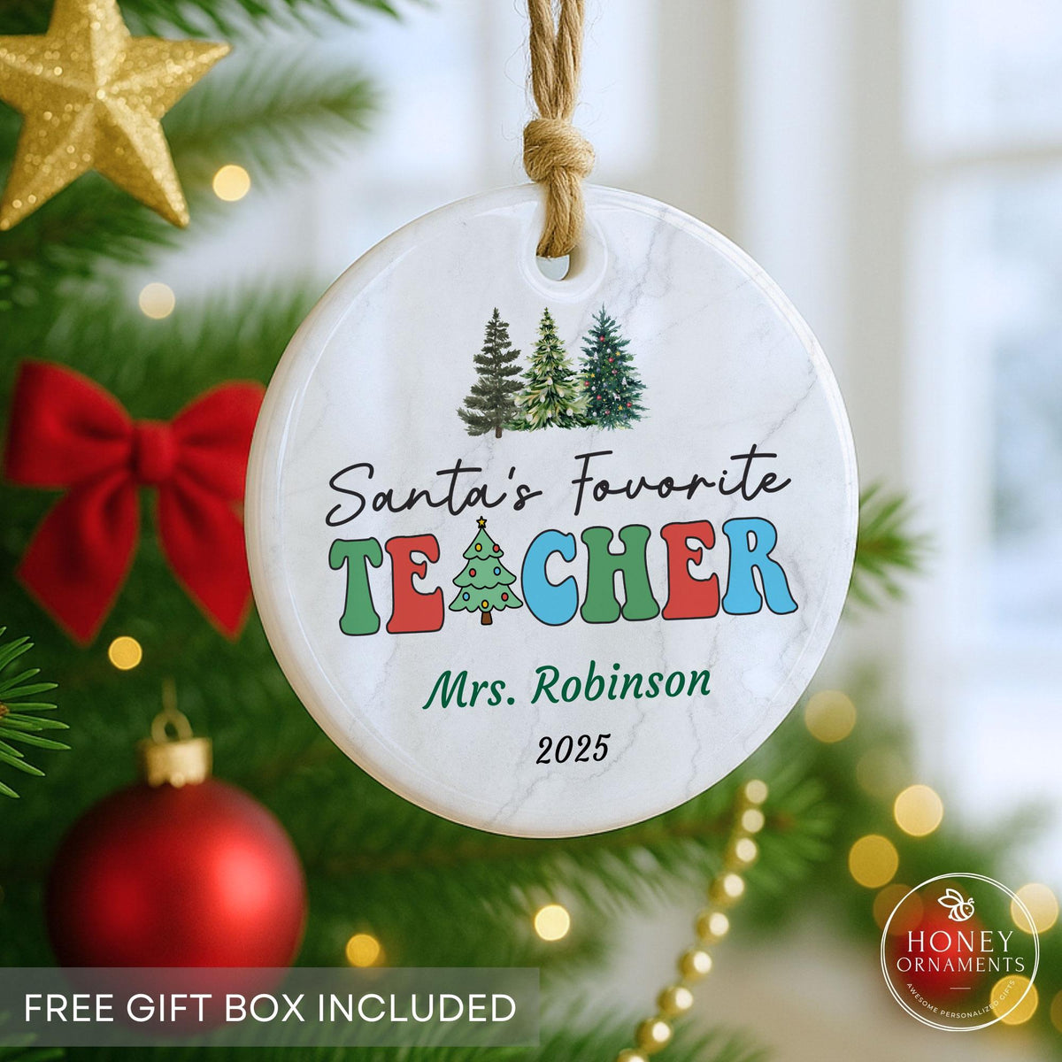Santa’s Favorite Teacher Ornament Personalized Christmas Gift for Teacher Holiday Keepsake Teacher Appreciation End of Year Teacher Gift
