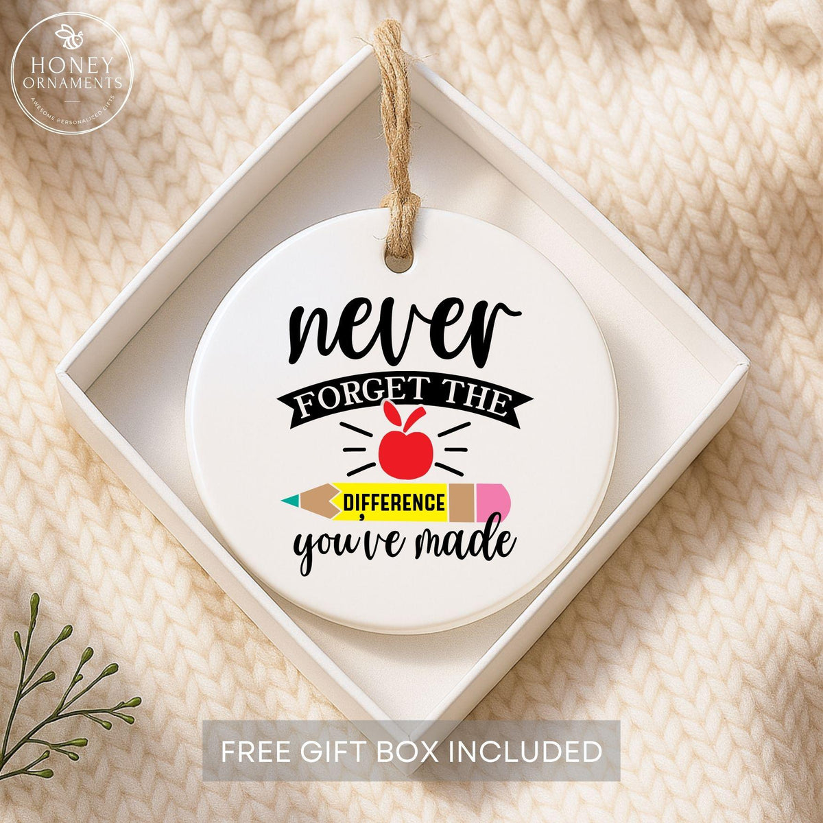 Teacher Appreciation Ornament, Apple Pencil Design, Gift Box Included
