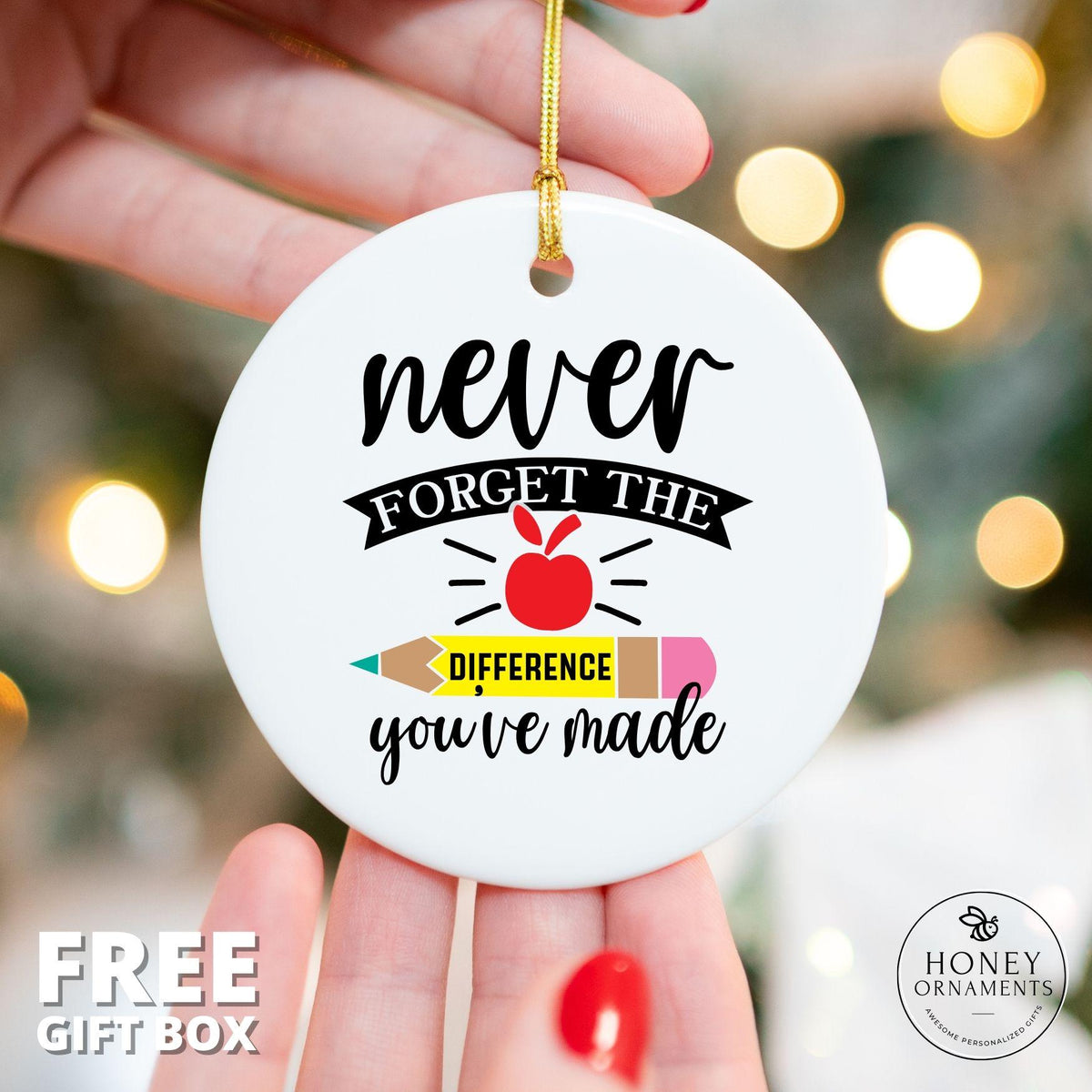 Teacher Appreciation Ornament, Apple Pencil Design, Gift Box Included